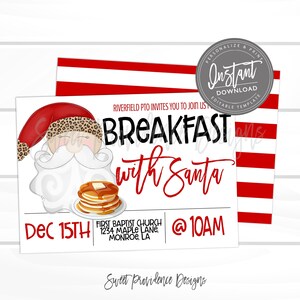 May include: A festive invitation for a "Breakfast with Santa" event. The design features a Santa Claus illustration with a red hat and a stack of pancakes. The text includes the date, time, and location.