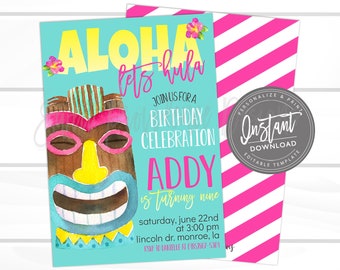 Luau Invitation, Luau Birthday Pool Party Invite, Hawaiian Luau Party Supplies, Printable Editable template - INSTANT ACCESS - Edit NOW!