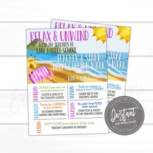 EDITABLE Teacher Appreciation Week Printable, Beach Appreciation Week Schedule Events  Digital File Itinerary, Instant Access - Edit Now!