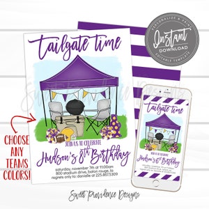 May include: A purple and gold tailgate party invitation with a cartoon illustration of a tent, grill, cooler, and chairs. The text reads "Tailgate time" and "Join us to celebrate Hudson's 8th Birthday".