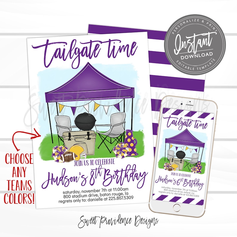 May include: A purple and gold tailgate party invitation with a cartoon illustration of a tent, grill, cooler, and chairs. The text reads "Tailgate time" and "Join us to celebrate Hudson's 8th Birthday".