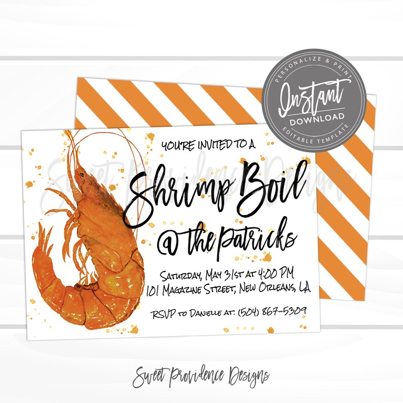 May include: A printable invitation for a shrimp boil party at the Patricks. The invitation features a watercolor illustration of a shrimp with a gold glitter background. The text reads "You're invited to a Shrimp Boil @ the Patricks Saturday, May 31st at 4:00 PM 101 Magazine Street, New Orleans, LA RSVP to Danielle at (504) 867-5309 Sweet Providence Designs"