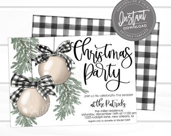 May include: Christmas party invitation with a festive design. Features two ornaments with black and white plaid bows, evergreen branches, and the words "Christmas Party" in elegant script. Includes event details and "Sweet Providence Designs" at the bottom.
