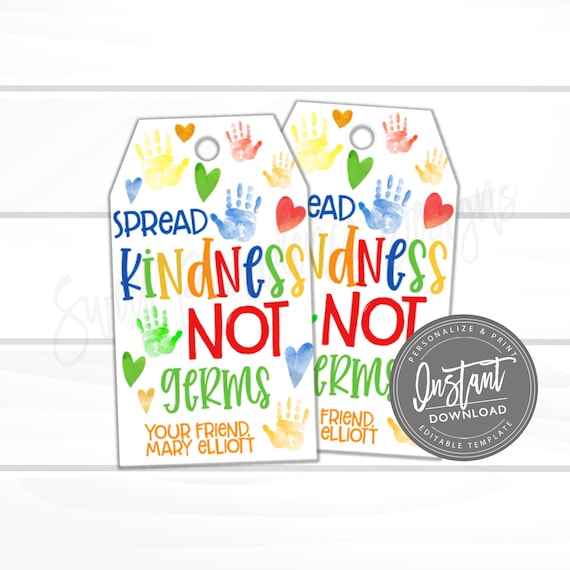 Student Classmate Gift Tag, Spread Kindness Not Germs Favor Tag, Quarantine Favor Tag, School Printable, Instant Access, Edit Yourself NOW Il_570xn
