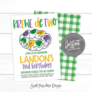 May include: A printable invitation for a child's second birthday party. The invitation features a cartoon illustration of a King Cake, a traditional New Orleans pastry, with the text "Krewe de Two" and "Landon's 2nd Birthday". The invitation is decorated with green, purple, and gold colors, which are the colors of Mardi Gras.