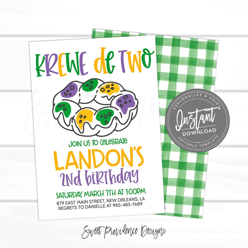 May include: A printable invitation for a child's second birthday party. The invitation features a cartoon illustration of a King Cake, a traditional New Orleans pastry, with the text "Krewe de Two" and "Landon's 2nd Birthday". The invitation is decorated with green, purple, and gold colors, which are the colors of Mardi Gras.