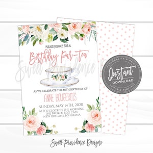Birthday Party Invitation Template, Birthday Par-Tea Tea, Pink Floral Party Invite, Editable Template, ANY Age Adult Birthday Instant Access