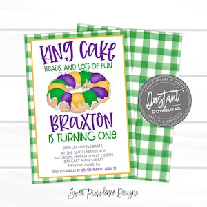 Mardi Gras Birthday Invitation, First birthday, King Cake, Editable template, birthday boy or girl, Fat Tuesday Carnival, Instant Access