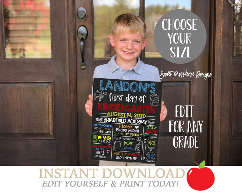 May include: A black chalkboard sign with the text "LANDON'S first day of KINDERGARTEN - AUGUST 14, 2020 BRIARFIELD ACADEMY" and other details about Landon's first day of school. The sign is held by a young boy in front of a wooden door.