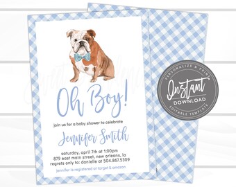 Dog Baby Shower Invitation, Oh Boy Invitation, Blue Boy Gingham Dog Invite, English Bulldog, Puppy Dog, Editable invite, Instant Access