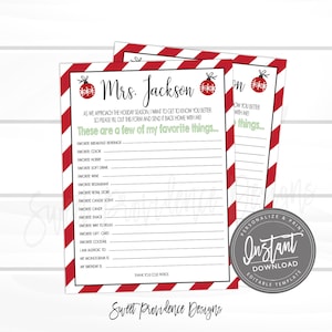 May include: Two printable "Mrs. Jackson" holiday forms with red and white striped borders and Christmas ornament graphics. The forms include prompts for favorite things, such as beverage, color, hobby, and more. The forms are labeled "Instant Download" and "Editable Template."