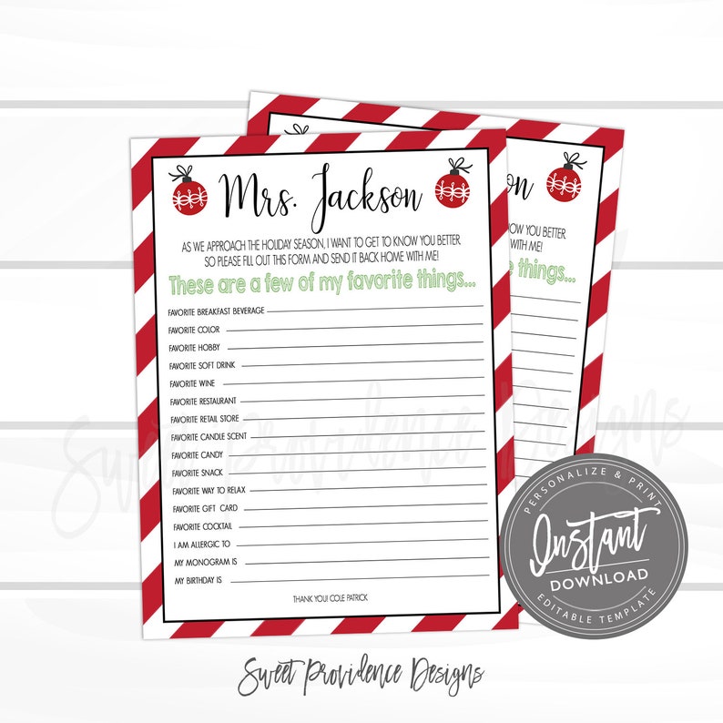 May include: Two printable "Mrs. Jackson" holiday forms with red and white striped borders and Christmas ornament graphics. The forms include prompts for favorite things, such as beverage, color, hobby, and more. The forms are labeled "Instant Download" and "Editable Template."