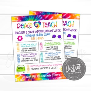 EDITABLE Teacher Appreciation Week Itinerary, Printable Digital File, Peace Love Teach, Groovy Hippie Week Schedule Events, Instant Access