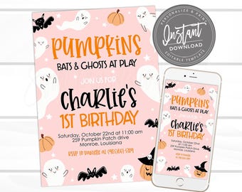 Halloween Pink Ghosts verjaardagsuitnodiging, schattige griezelige pompoen, vleermuizen en spoken afdrukbare uitnodiging voor feest, BEWERKBARE INSTANT DOWNLOAD