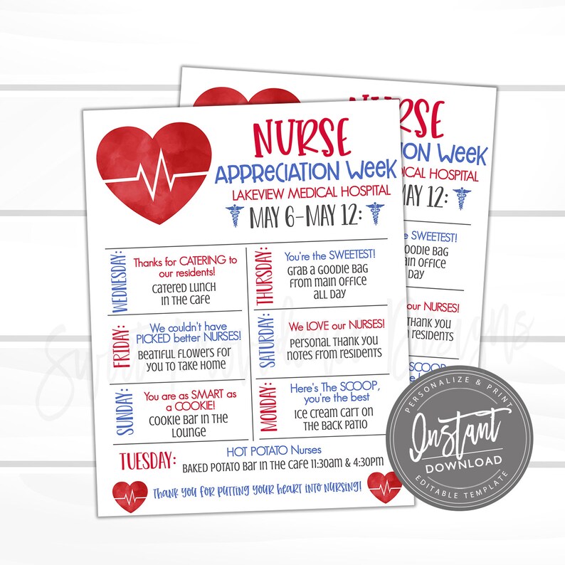 Op de afbeelding: Een printbaar schema voor de Week van de Waardering voor Verpleegkundigen in het Lakeview Medical Hospital. Het schema bevat dagelijkse activiteiten voor verpleegkundigen, zoals een verzorgde lunch, goodie bags en een warme aardappelbar. Het schema is versierd met een rood hart met een hartslaggrafiek en de tekst "Week van de Waardering voor Verpleegkundigen".