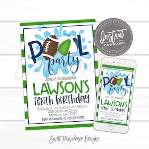 Football Birthday Invitation, Pool Party, Editable Football team party, Boy Sports Summer Birthday Invite, Printable Instant Access EDIT NOW