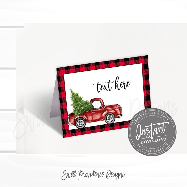 Christmas Truck Food Tent, Editable Christmas Party Place Cards, Folded tent card, Red Truck Printable Template, Instant Download image 1