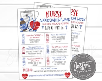May include: A printable Nurse Appreciation Week flyer with a medical theme. The design includes a stethoscope, a heart with a heartbeat, and a medicine bottle. The flyer lists daily activities and thanks nurses for their service.