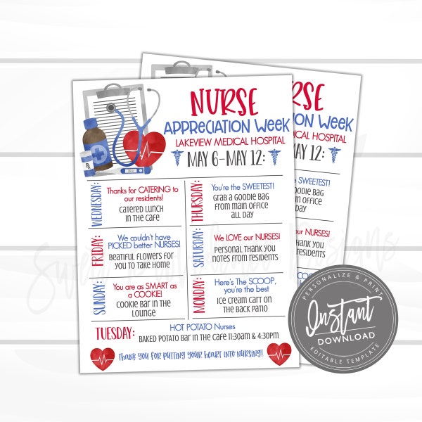 EDITABLE Nurse Appreciation Week Itinerary Poster, Printable Digital File, National Nurses Week Schedule Events Medical Staff Instant Access