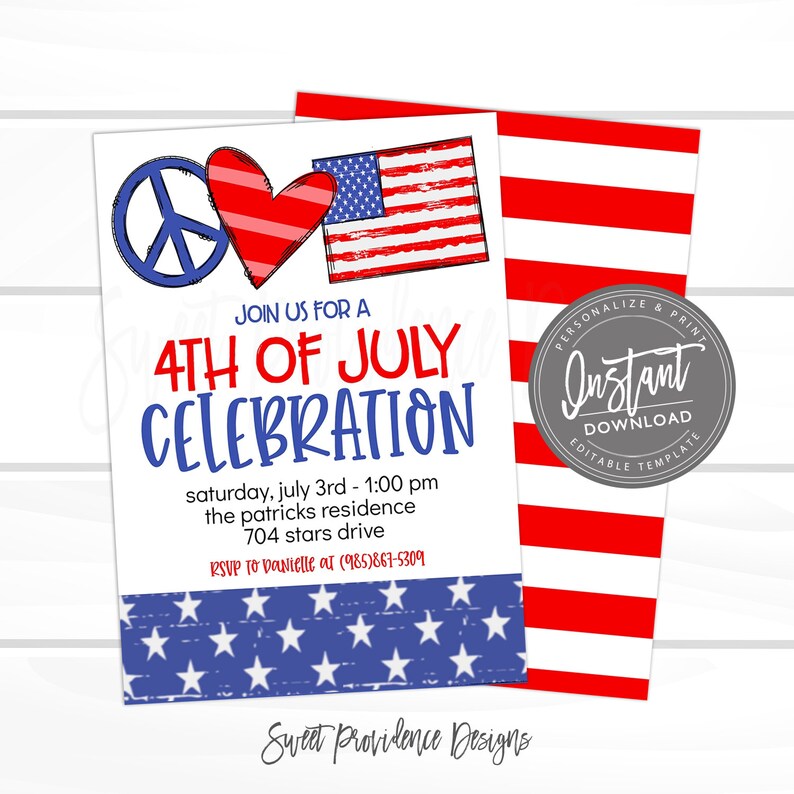 4th of July Invitation, Peace Love Editable Birthday invite, red white blue birthday Invite, printable, Instant Download, templett image 2