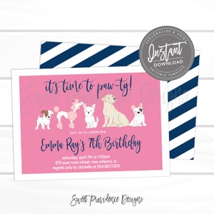 May include: Pink birthday invitation with a paw print design. It says "It's time to paw-ty!" and "Emma Ray's 7th Birthday".