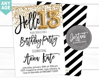 13th birthday Invitation, Editable 13th Birthday Invitation, Hello 13, Black & Gold Glitter, Surprise, Printable Invite, Instant Access