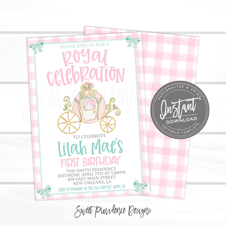 May include: A rectangular invitation template featuring a pink and white gingham border with light blue bows in the corners. The text reads: PLEASE JOIN US FOR A ROYAL CELEBRATION, LILAH MAE'S FIRST BIRTHDAY, and event details, with a carriage illustration.