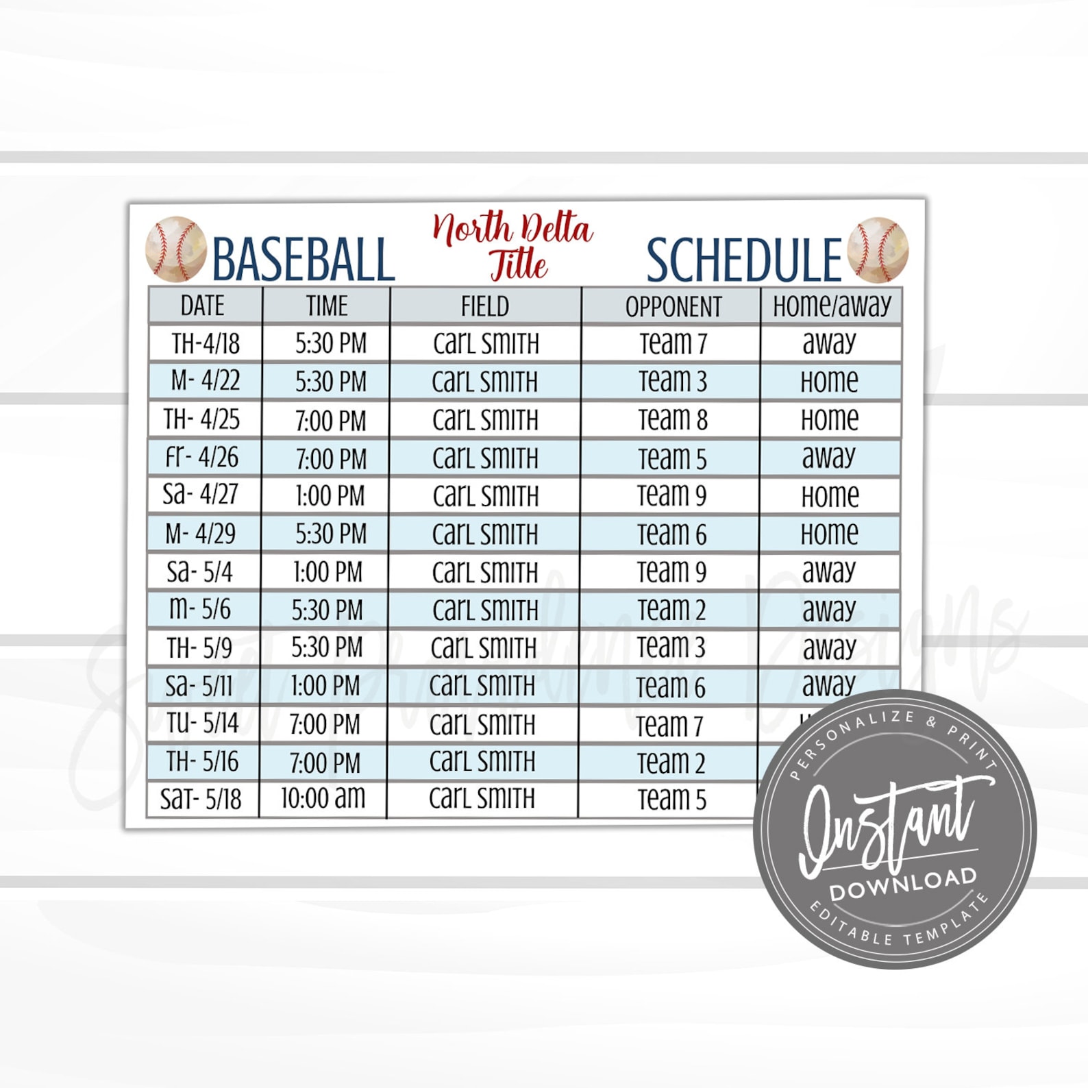 Editable Baseball Schedule Game and Practice Schedule Etsy