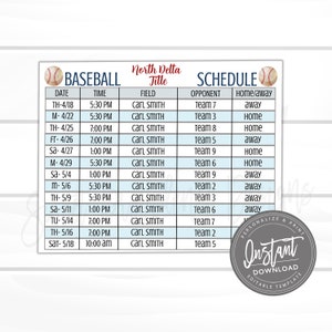 Bearbeitbarer Baseballzeitplan, Spiel- und Übungszeitplan, anpassbarer Baseballzeitplan jedes Team, Team Lineup, druckbar, sofortiger Zugriff