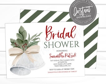 May include: Bridal shower invitation with watercolor bells, greenery, and a bow. The invitation includes the text "Bridal Shower" in red script, along with event details and the text "Instant Download Editable Template."