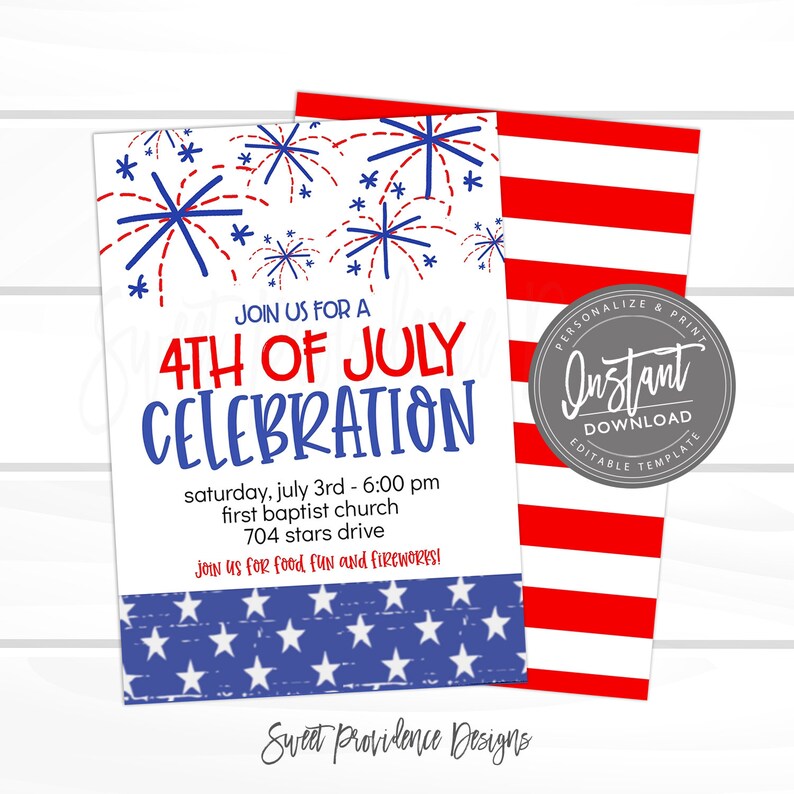 Puede incluir: Una invitaci&oacute;n a una celebraci&oacute;n del 4 de julio. La invitaci&oacute;n presenta un esquema de color rojo, blanco y azul con fuegos artificiales y estrellas. El texto dice "&Uacute;nete a nosotros para una celebraci&oacute;n del 4 de julio" e incluye la fecha, la hora, la ubicaci&oacute;n y un mensaje para unirse a la comida, la diversi&oacute;n y los fuegos artificiales. La invitaci&oacute;n tambi&eacute;n incluye el texto "Sweet Providence Designs".