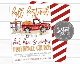 Fall Festival Invitation, Fall Fest Flyer, Pumpkin, Truck, Pumpkin Patch, Church, Fall Invite, Editable Flyer Template, Instant Download