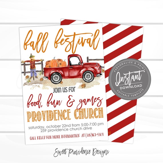 Fall Festival Invitation, Fall Fest Flyer, Pumpkin, Truck, Pumpkin Patch, Church, Fall Invite, Editable Flyer Template, Instant Download Il_570xn