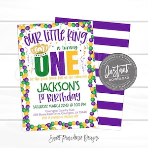 Mardi Gras Birthday Invitation, Little King first birthday, Editable Birthday template, King Cake Party, Fat Tuesday Carnival Instant Access