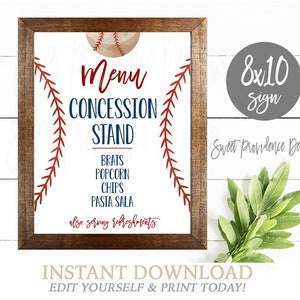 May include: Printable 8x10 inch sign with a baseball theme. The sign says "Menu Concession Stand" and lists the items available: brats, popcorn, chips, pasta salad, and refreshments. The sign is in a brown frame and has a red and blue baseball stitch design.