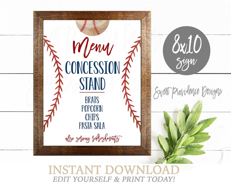 May include: Printable 8x10 inch sign with a baseball theme. The sign says "Menu Concession Stand" and lists the items available: brats, popcorn, chips, pasta salad, and refreshments. The sign is in a brown frame and has a red and blue baseball stitch design.