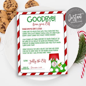 May include: A festive Christmas-themed letter from an elf, with red and white striped borders, and the text "Goodbye!" and "Instant Download". Chocolate chip cookies and candy canes are arranged around the letter.