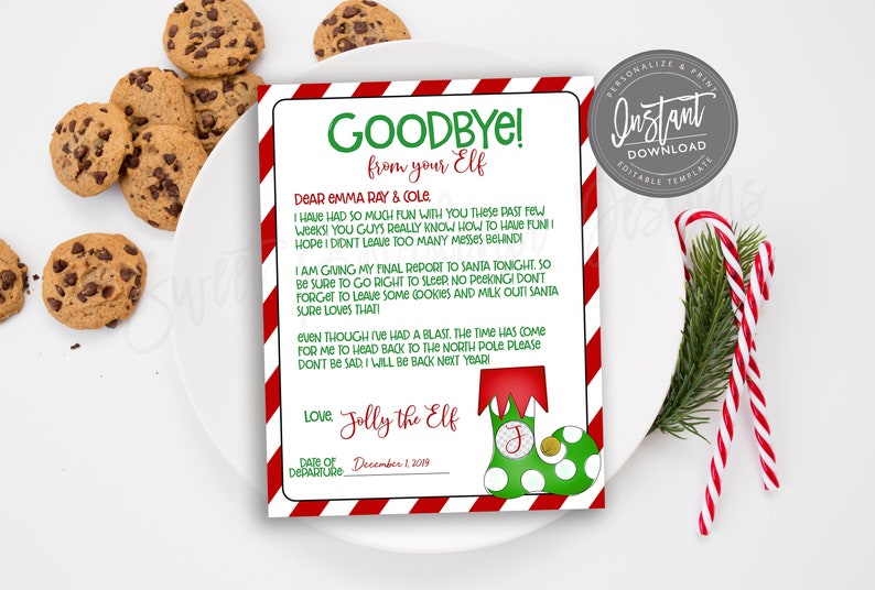 May include: A festive Christmas-themed letter from an elf, with red and white striped borders, and the text "Goodbye!" and "Instant Download". Chocolate chip cookies and candy canes are arranged around the letter.