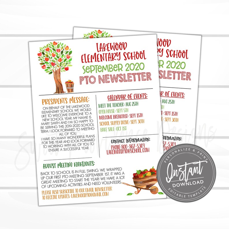 May include: A printable newsletter for Lakewood Elementary School for the month of September 2020. The newsletter features a watercolor illustration of an apple tree and a red wagon with apples. The newsletter includes a president's message, a calendar of events, contact information, and August meeting highlights.