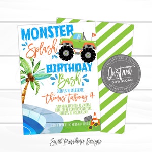 Pool Party Invitation, Monster Truck Waterslide, Boy Birthday Invite, Summer Birthday Party, Editable template INSTANT ACCESS- Edit NOW