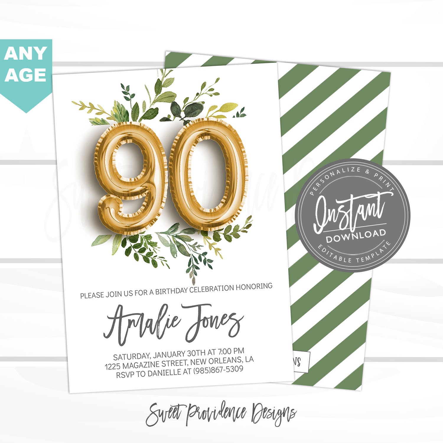 editable-90th-birthday-invitation-any-age-birthday-women-adult-birthday-party-botanical-greenery-gold-foil-balloon-instant-access-etsy