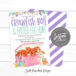 May include: An invitation to a crawfish boil and Easter egg hunt. The invitation features a pink cooler with crawfish inside, a bunny rabbit holding a basket of Easter eggs, and colourful flowers. The text on the invitation reads "You're invited to a Crawfish Boil & Easter Egg Hunt" and includes the date, time, location, and RSVP information.