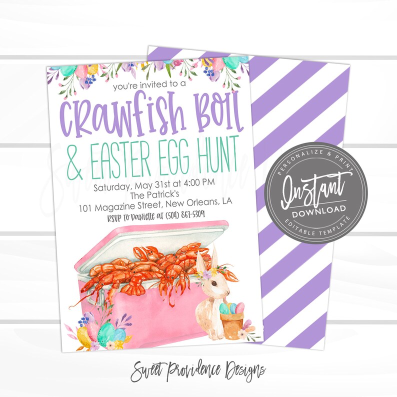May include: An invitation to a crawfish boil and Easter egg hunt. The invitation features a pink cooler with crawfish inside, a bunny rabbit holding a basket of Easter eggs, and colourful flowers. The text on the invitation reads "You're invited to a Crawfish Boil & Easter Egg Hunt" and includes the date, time, location, and RSVP information.