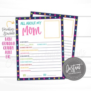 Tarjeta del Día de la Madre, Cuestionario EDITABLE, Todo sobre Mamá, Preguntas de Encuesta para Niños, Encuesta del Día de las Madres, Regalo del Día de la Madre, Abuela Presente