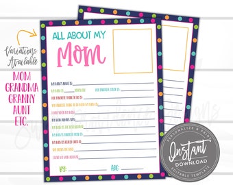 Mother's Day Card, EDITABLE Questionnaire, All about Mom, Survey Questions for Kids, Mothers Day Survey, Mother's Day Gift, Grandma Present