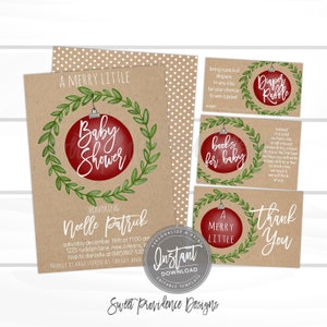 May include: A festive baby shower invitation set with a Christmas theme. The main card features a red bauble with "Baby Shower" in white, encircled by a green wreath. Additional cards include "Diaper Raffle," "Books for Baby," and a "Thank You" card.