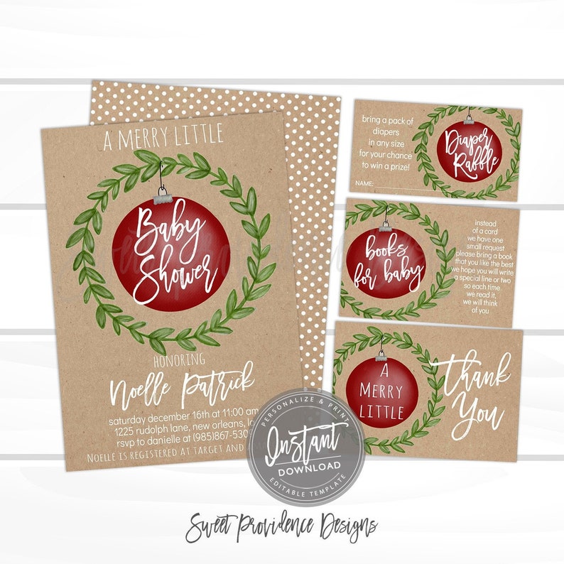 May include: A festive baby shower invitation set with a Christmas theme. The main card features a red bauble with "Baby Shower" in white, encircled by a green wreath. Additional cards include "Diaper Raffle," "Books for Baby," and a "Thank You" card.