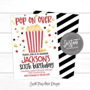 Movie Night Invitation, Pop on Over Birthday Invitation, Backyard Movie Invite, Popcorn Invitation, DIY EDITABLE Instant Access template,