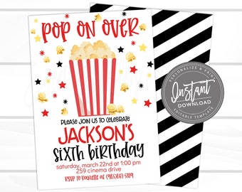 Movie Night Invitation, Pop on Over Birthday Invitation, Backyard Movie Invite, Popcorn Invitation, DIY EDITABLE Instant Access template,