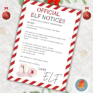 May include: A festive Christmas-themed print with a red and white striped border. The text reads "OFFICIAL ELF NOTICE!!" with instructions to restore elf magic. The design includes decorative elements like candy canes and ornaments.